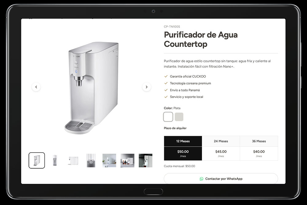 Ficha de producto purificador de agua con plazo de alquiler