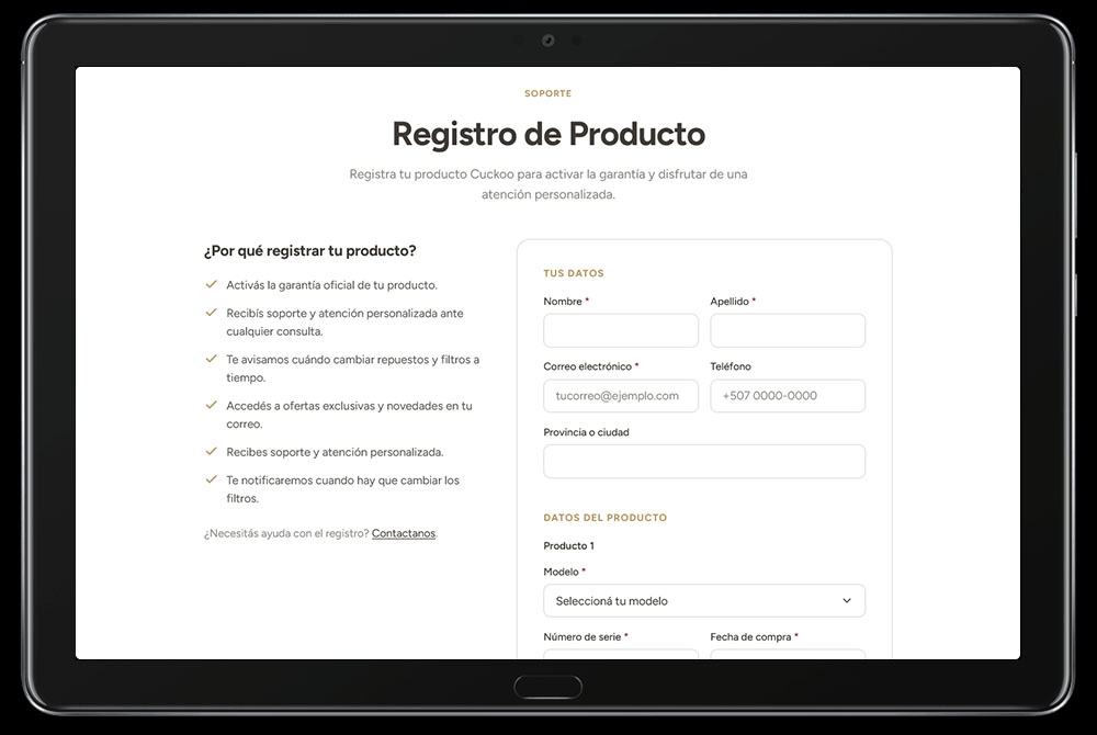 Registro de producto y garantía Cuckoo